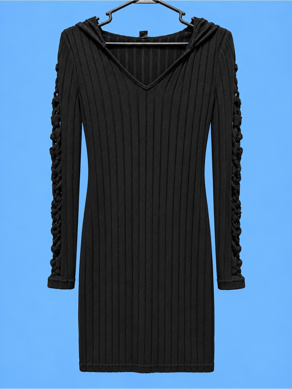 SHEIN Black Ribbed Hooded Long Sleeve Dress with Braided Sleeve Detail